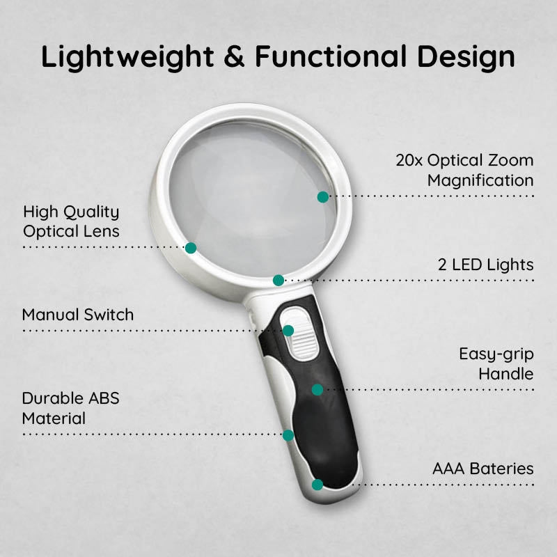 Belro LED lighted handheld magnifying glass for reading books and small print, with built-in illumination for clear viewing.