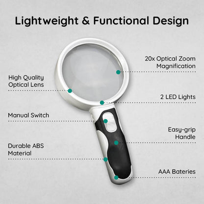 Belro LED lighted handheld magnifying glass for reading books and small print, with built-in illumination for clear viewing.