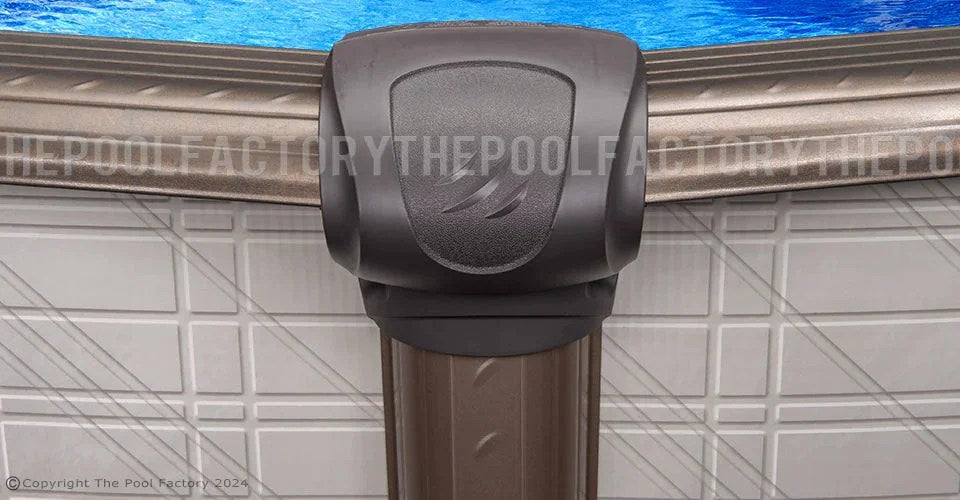 Close-up of the round Melenia above ground pool top cap by Casavibeo, showcasing the pool's durable edge and vibrant blue surface.