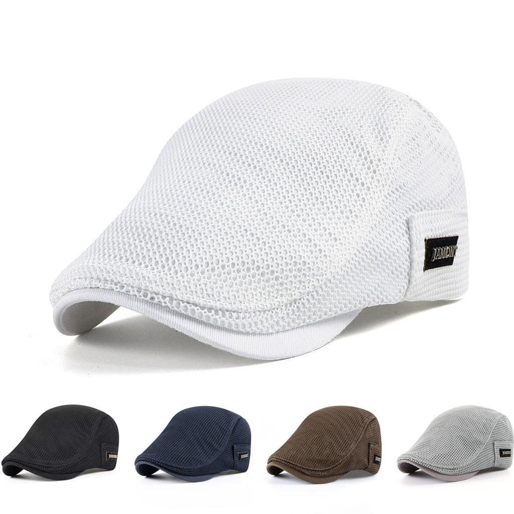 Men's flat cap with mesh ventilation from Mivoza Deutschland, featuring breathable cotton fabric and adjustable fit.