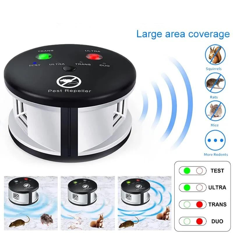 Belro ultrasonic electronic pest control device repelling mice, rats, and insects for outdoor home and garden use.