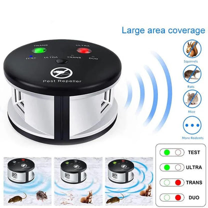 Belro ultrasonic electronic pest control device repelling mice, rats, and insects for outdoor home and garden use.