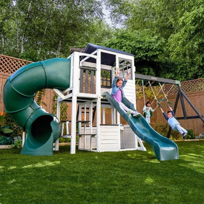 Casavibeo Kidkraft Wrangler Way Swing Set with slides, swings, and climbing features for kids in a colorful outdoor play area.