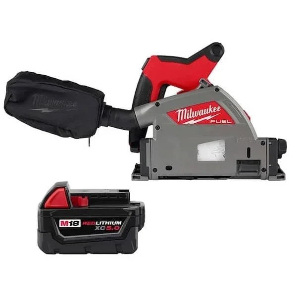 Milwaukee 18V Lithium-Ion cordless brushless 6-1/2 inch plunge cut track saw with blade attached and adjustable base.