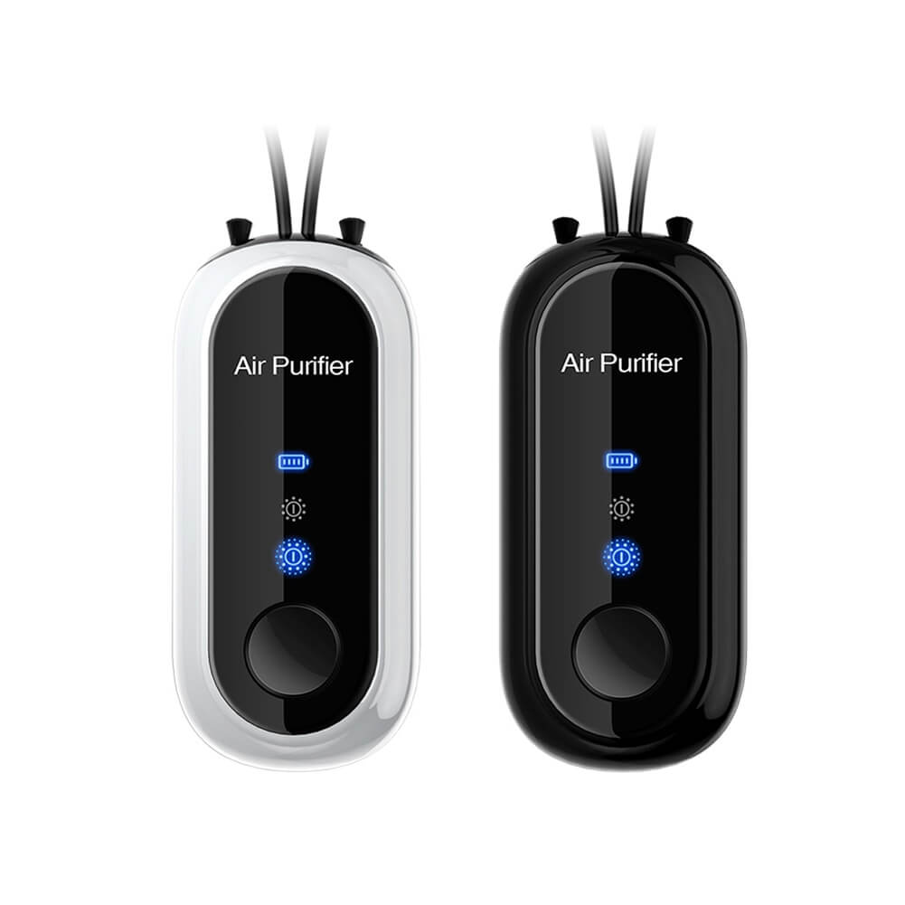 Belro personal mini air purifier necklace worn around the neck, compact wearable air purifier with USB charging feature.