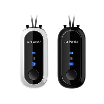 Belro personal mini air purifier necklace worn around the neck, compact wearable air purifier with USB charging feature.