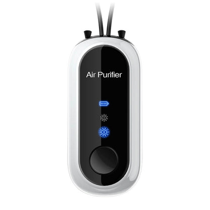 Belro personal mini air purifier necklace worn around neck, portable wearable air purifier with USB charging port.
