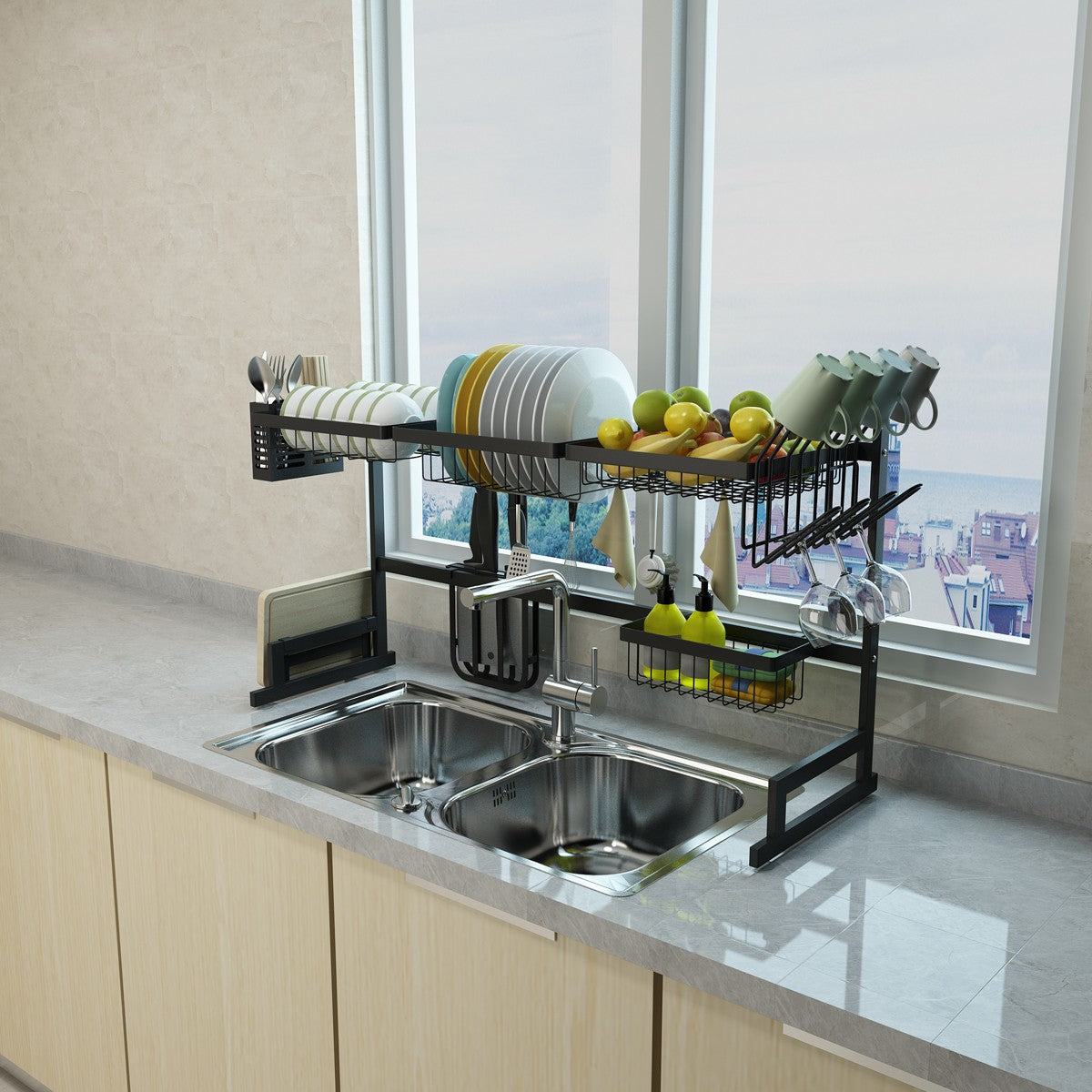 Belro 34.6-inch stainless steel black dish drying rack over kitchen sink with draining shelf for dishes and utensils.