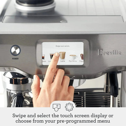 Casavibeo Breville Oracle Touch espresso machine with digital display and stainless steel finish, ready for brewing espresso.