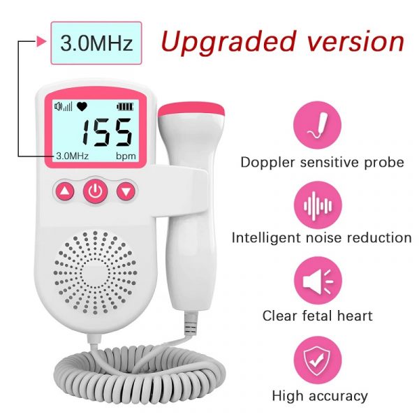 Belro fetal Doppler heart rate monitor showing a display screen with fetal heartbeat readings for home pregnancy use.
