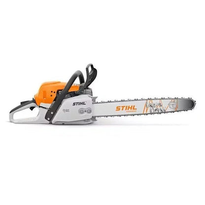 Stihl MS 271 Farm Boss chainsaw with black and orange body, featuring a metal guide bar and engine components visible.