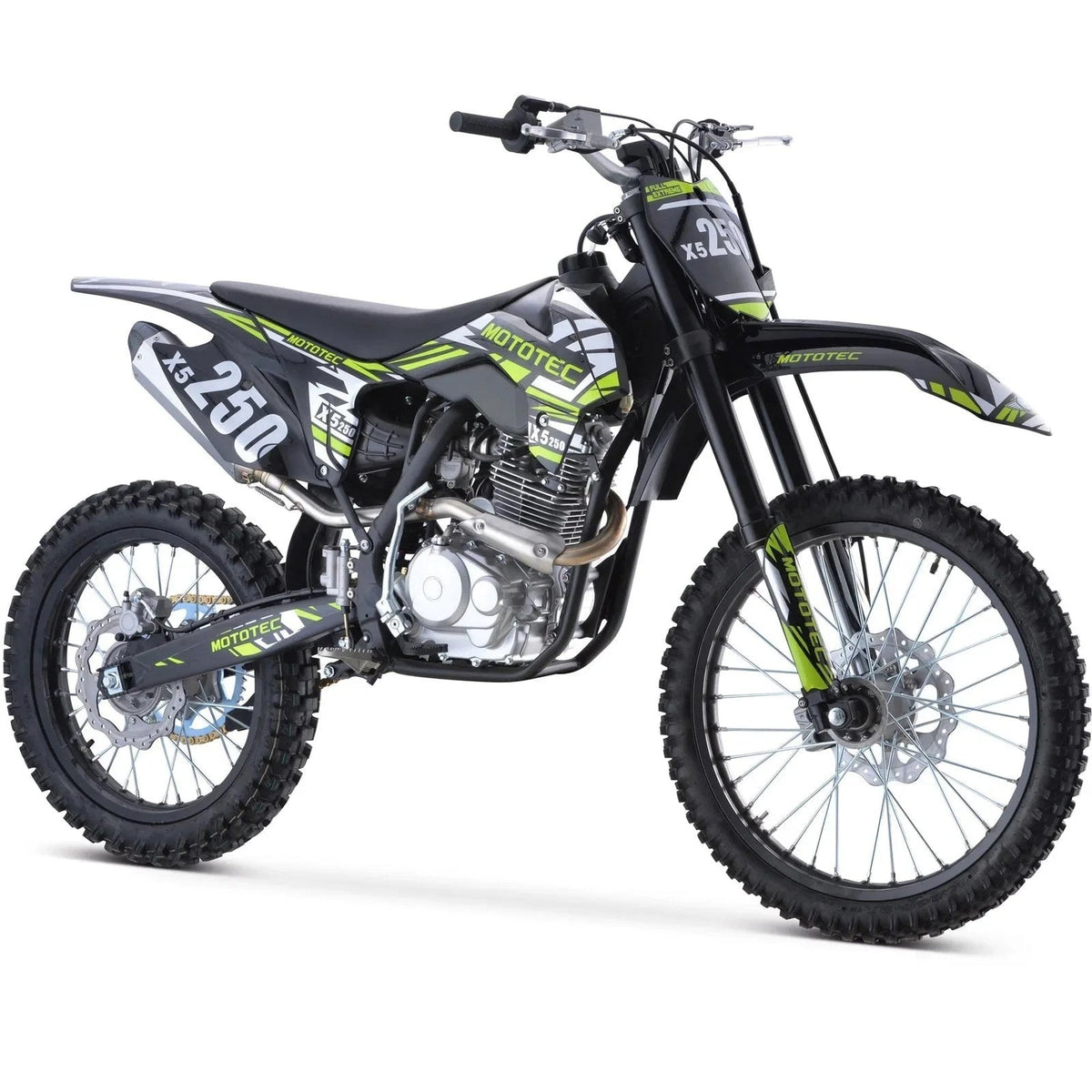 Casavibeo MotoTec X5 250cc 4-stroke gas dirt bike with knobby tires and rugged frame for off-road riding.