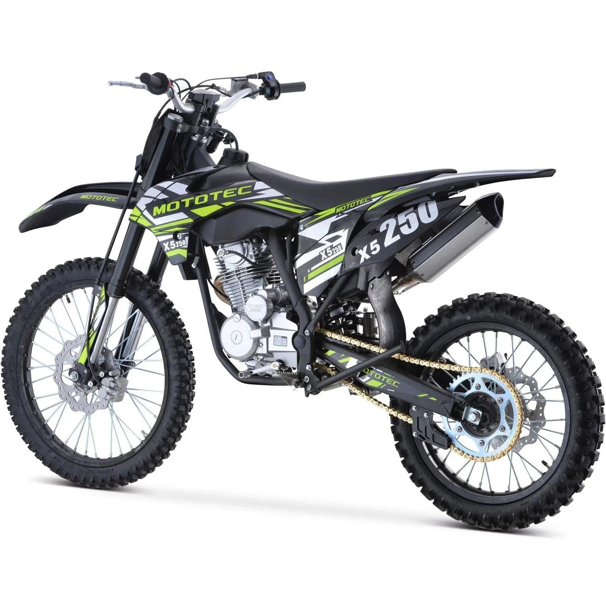 Casavibeo MotoTec X5 250cc 4-stroke gas dirt bike with rugged tires and sporty design for off-road riding.