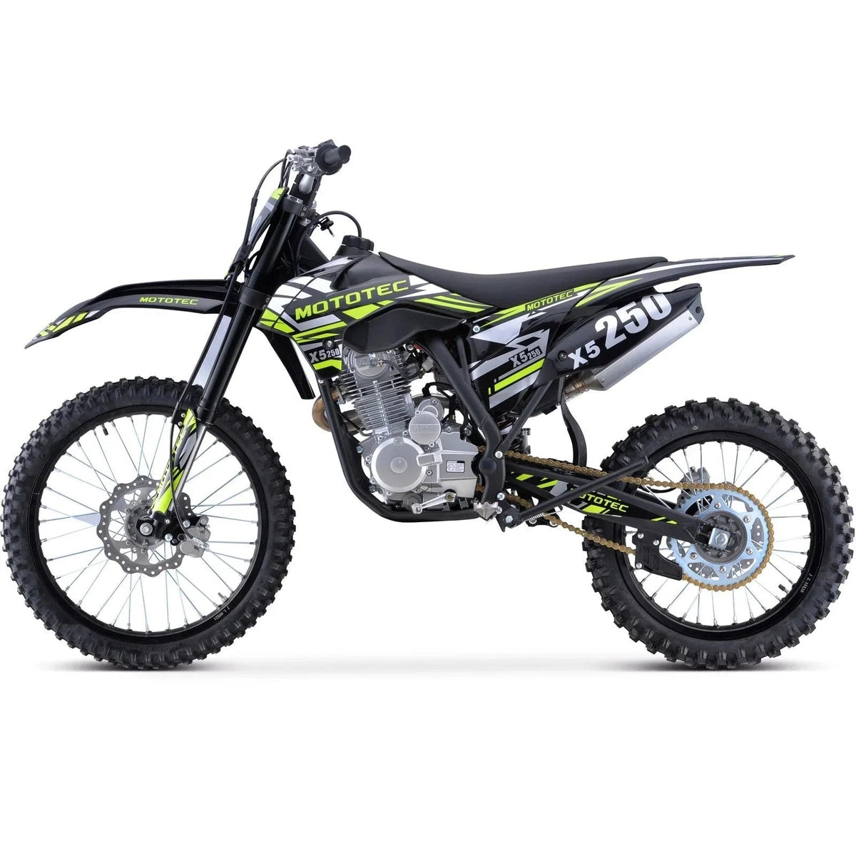 Casavibeo MotoTec X5 250cc 4-stroke gas dirt bike with rugged design and knobby tires, suitable for off-road riding.
