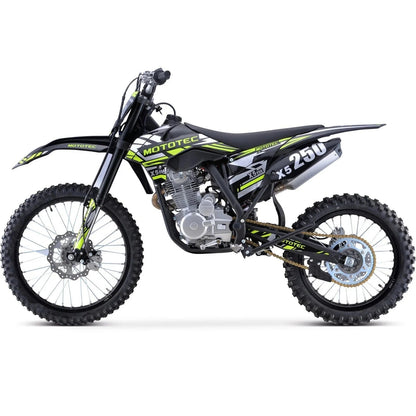 Casavibeo MotoTec X5 250cc 4-stroke gas dirt bike with rugged design and knobby tires, suitable for off-road riding.