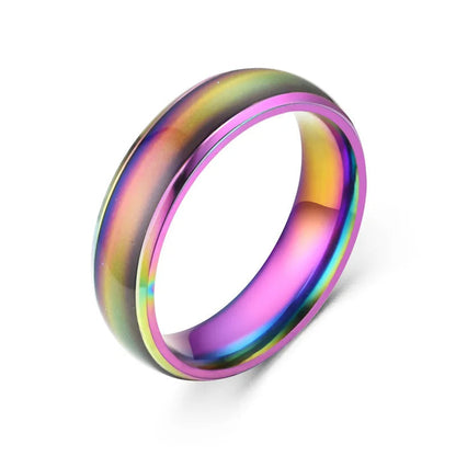 Multicolor stainless steel mood ring by Belro featuring swirling, vibrant hues, worn on a finger as a stylish jewelry accessory.
