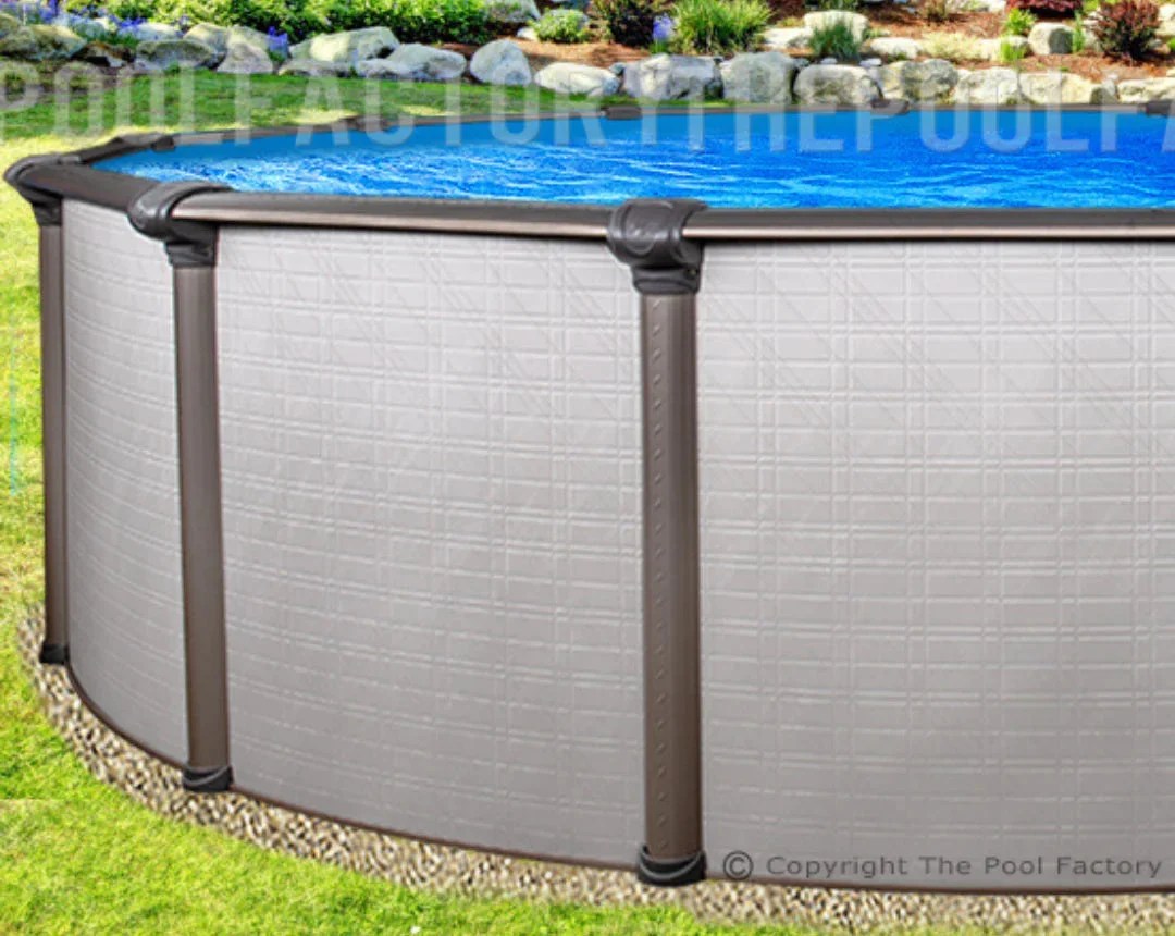 Casavibeo Melenia above ground pool with clear blue water and white frame, set up outdoors in a sunny backyard.