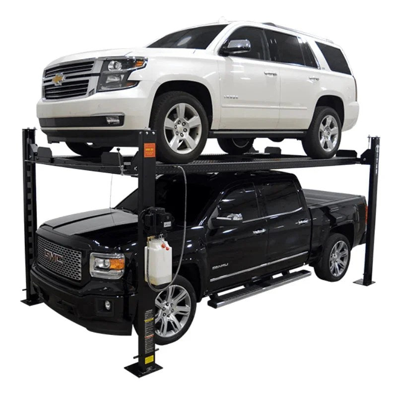 Casavibeo Titan SDPL-8000XLT 4-post lift with sturdy metal posts and hydraulic system, used for vehicle maintenance and repairs.