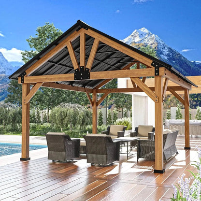 Casavibeo JOYSIDE 15 ft. by 13 ft. cedar wood outdoor patio gazebo with solid hardtop, ideal for outdoor shade and relaxation.