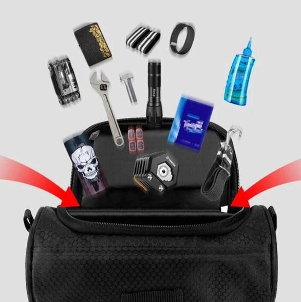 Belro multifunctional touchscreen handlebar bag for bikes, featuring a clear touchscreen window and durable storage for cycling essentials