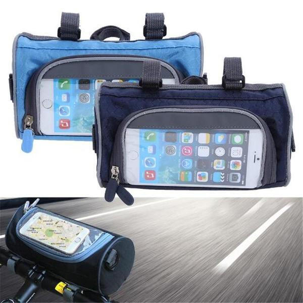 Belro multifunctional touchscreen handlebar bag mounted on a bicycle, designed for easy access and storage during rides.