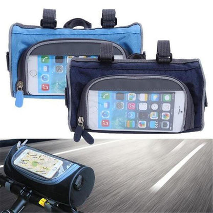 Belro multifunctional touchscreen handlebar bag mounted on a bicycle, designed for easy access and storage during rides.