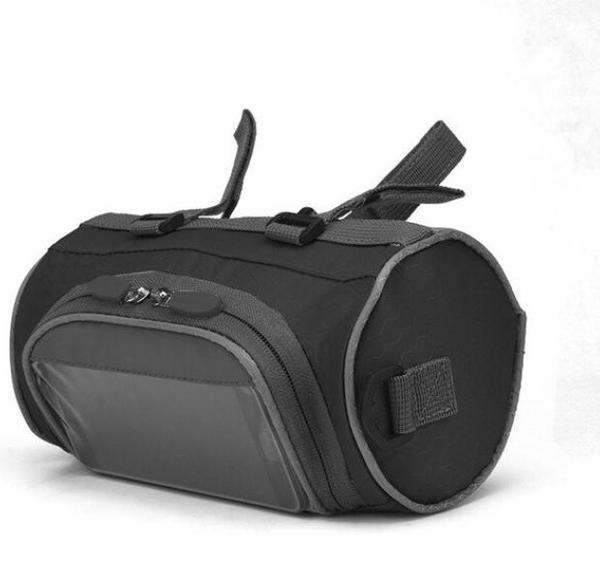 Belro multifunctional touchscreen handlebar bag attached to a bicycle, featuring a clear display window and storage compartments.