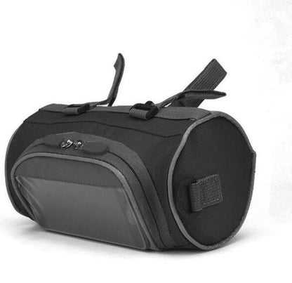 Belro multifunctional touchscreen handlebar bag attached to a bicycle, featuring a clear display window and storage compartments.