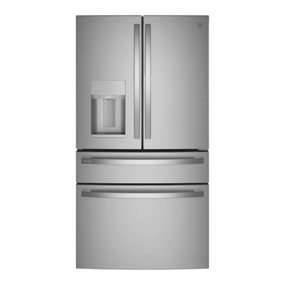 Stainless steel GE Profile 27.9 cu ft smart fingerprint-resistant French door refrigerator with interior shelves and digital controls