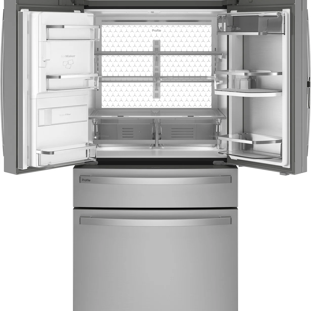 Stainless steel GE Profile 27.9 cu ft smart fingerprint-resistant French door refrigerator with digital display and interior shelving.
