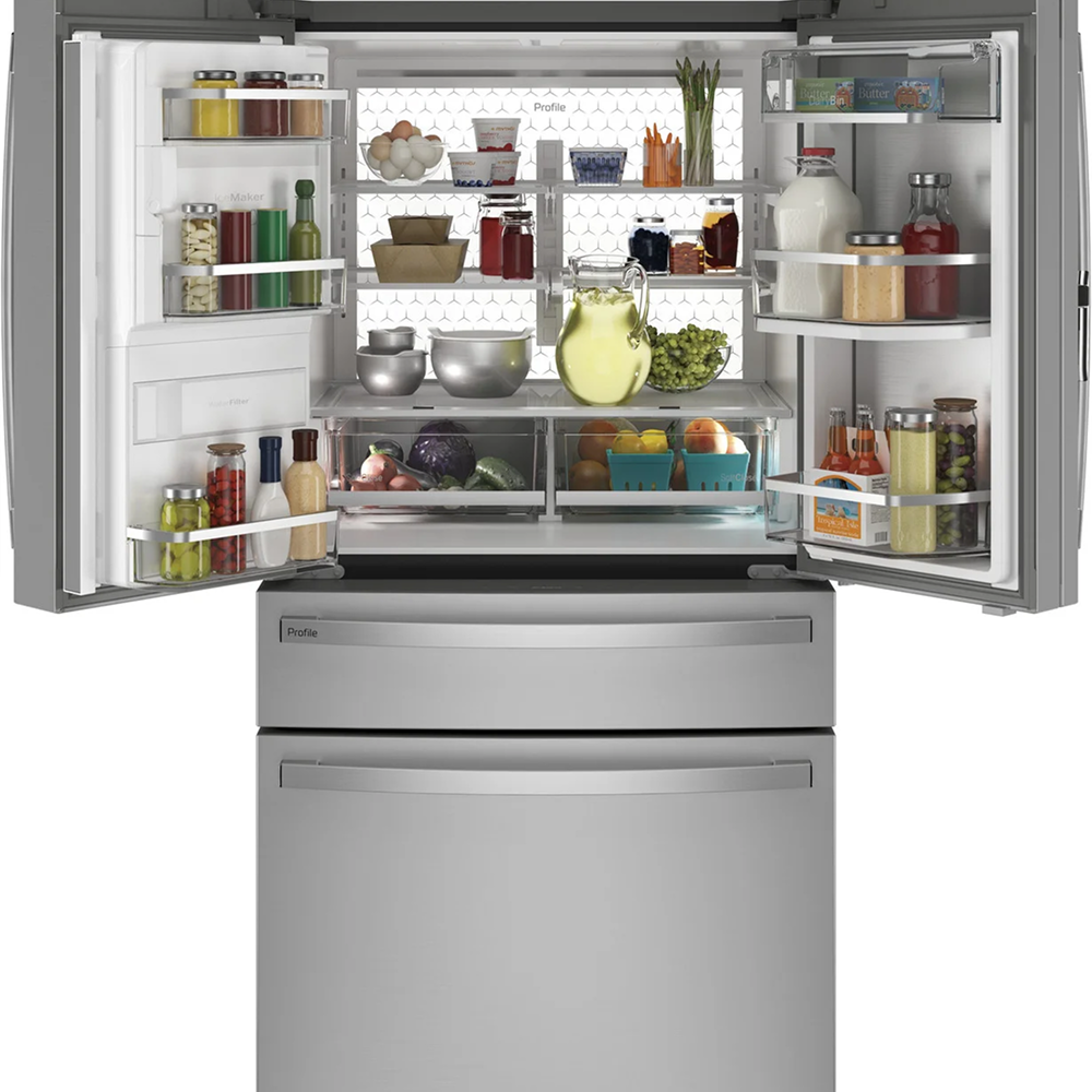 Stainless steel GE Profile 27.9 cu ft smart French door refrigerator with fingerprint-resistant finish, featuring multiple shelves and freezer drawer.