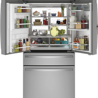 Stainless steel GE Profile 27.9 cu ft smart French door refrigerator with fingerprint-resistant finish, featuring multiple shelves and freezer drawer.
