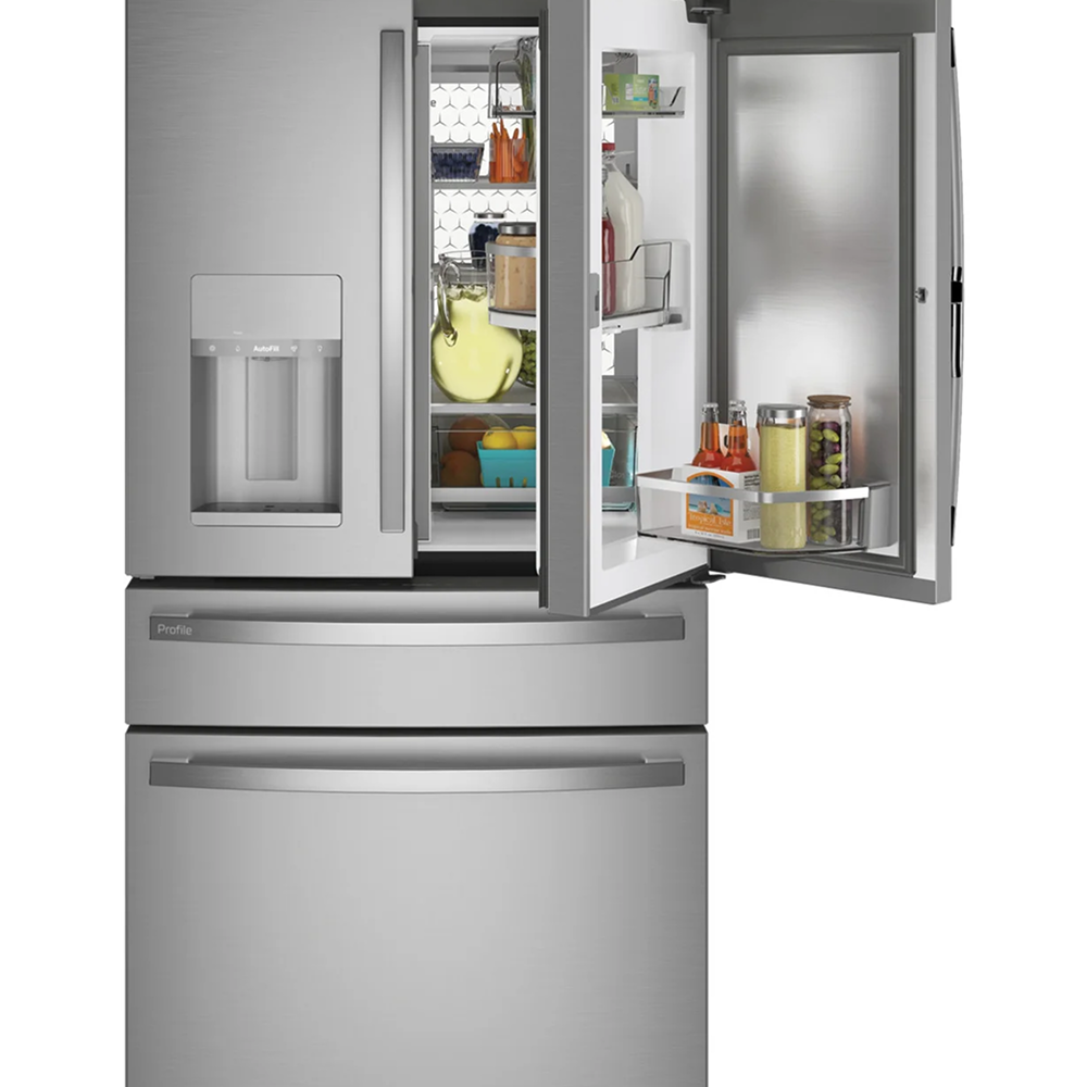 Stainless steel GE Profile 27.9 cu ft smart French door refrigerator with fingerprint-resistant finish and digital display.