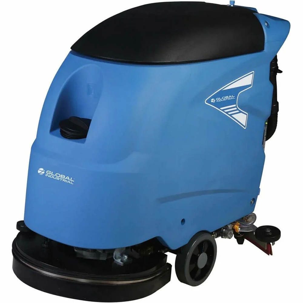 Global Industrial 18-inch electric walk-behind floor scrubber with 12-gallon solution tank, shown in use on a clean floor.