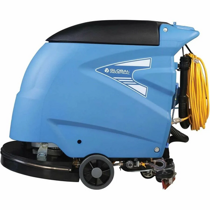 Global Industrial 18-inch electric walk-behind auto floor scrubber with 12-gallon solution tank, used for industrial floor cleaning.