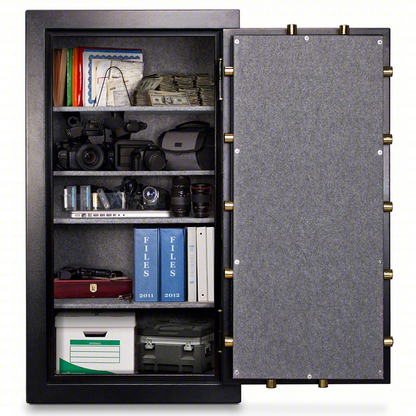 Steel gun safe by Casavibeo with digital combo lock, fire-rated, designed to securely store up to 30 rifles, shown in black finish.