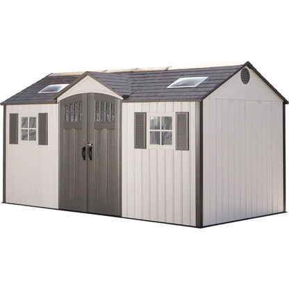 Casavibeo Lifetime 15x8 side entry shed with double doors, shown in green, featuring sturdy construction and side entry design.