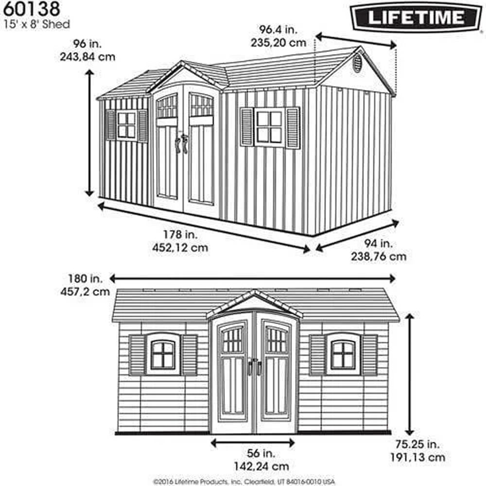 Casavibeo Lifetime 15x8 ft side entry shed with sturdy construction and side door, ideal for outdoor storage.
