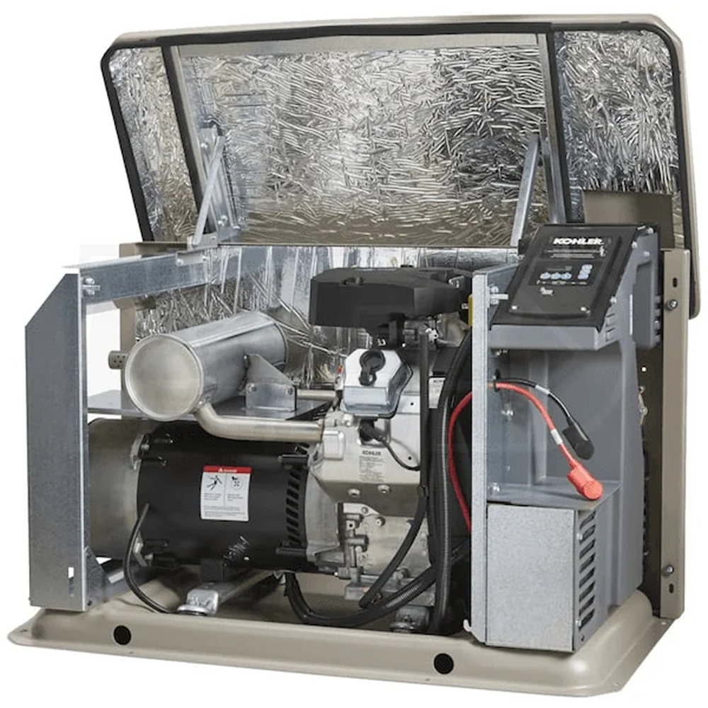 Kohler 20RCAL-200SELS 20kW aluminum standby generator system with control panel and wiring for home backup power.