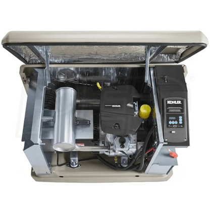 Kohler 20RCAL-200SELS 20kW aluminum standby generator system, compact and sturdy with control panel and exhaust features visible.