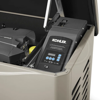 Kohler 20RCAL-200SELS 20kW aluminum standby generator system with control panel and durable housing, installed outdoors