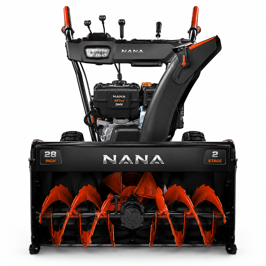 Casavibeo Nana Hardware SnowForce 357cc 28-inch two-stage snow blower showing the powerful engine and wide clearing path.