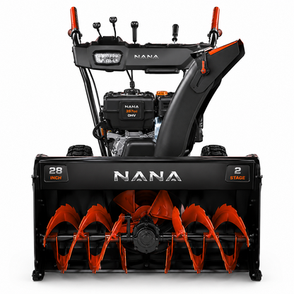 Casavibeo Nana Hardware SnowForce 357cc 28-inch two-stage snow blower showing the powerful engine and wide clearing path.