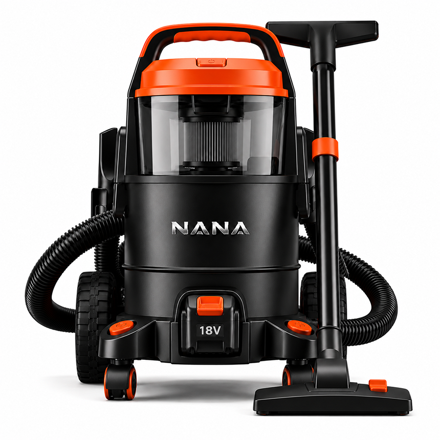 Casavibeo Nana Hardware HydroClean 18V wet/dry vacuum with attachments on a workbench, showcasing its compact design and cleaning power.