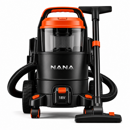 Casavibeo Nana Hardware HydroClean 18V wet/dry vacuum with attachments on a workbench, showcasing its compact design and cleaning power.