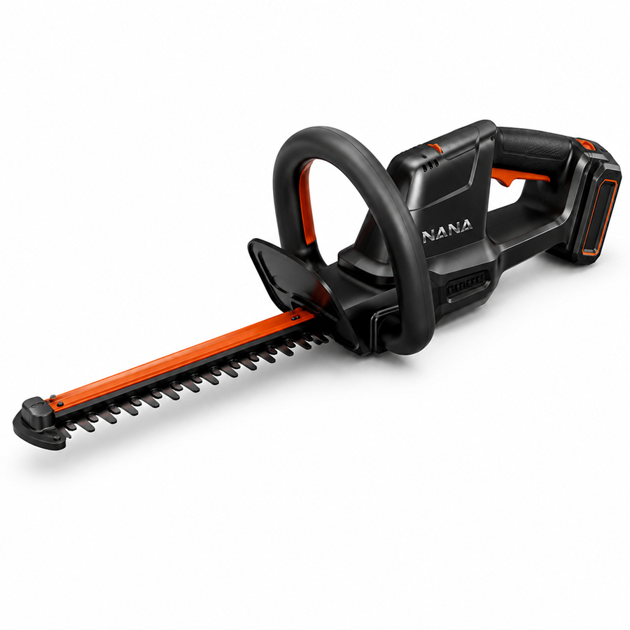 Casavibeo Nana Hardware TrimForce 20V cordless hedge trimmer with 22-inch blades, battery, and charger in a garden setting.