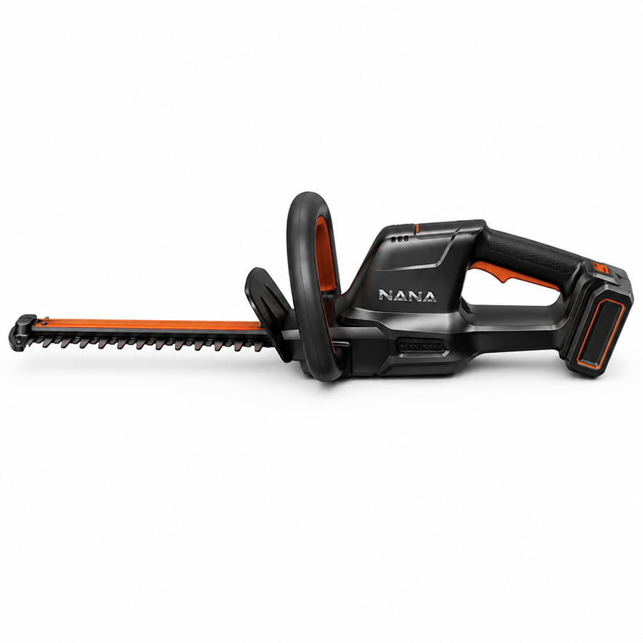 Casavibeo Nana Hardware TrimForce 20V cordless hedge trimmer with 22-inch blade, battery, and charger in a garden setting