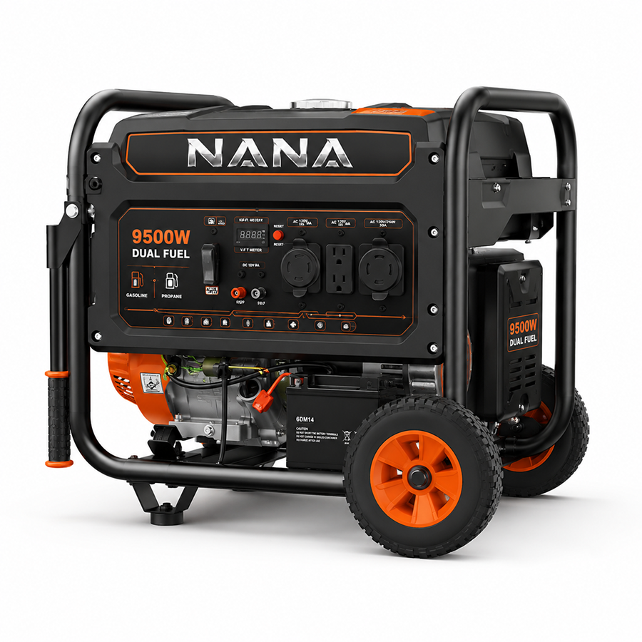 Casavibeo Nana Hardware PowerMax 9500W dual fuel generator with engine and fuel controls, shown in a detailed product image