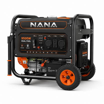 Casavibeo Nana Hardware PowerMax 9500W dual fuel generator with engine and fuel controls, shown in a detailed product image