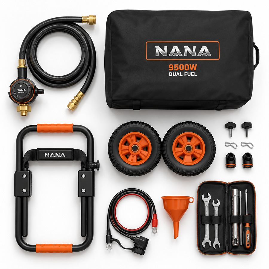 Casavibeo Nana Hardware PowerMax 9500W dual fuel generator with sturdy frame and dual fuel system, ideal for backup power needs